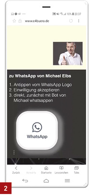 <p>
2 So geht‘s: Bevor der eigentliche Kontakt zustande kommt, erteilt der WhatsApp-Nutzer seine Einwilligung.
</p>

<p>
</p> - © Elbs

