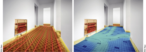
Wärmeverteilung bei einem eigenen Heizkreis im Transferraum (l.) und innerhalb der Dämmplatte.
