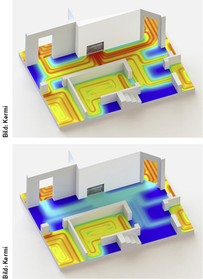 
Die thermische Simulation einer typischen Anbindesituation eines Fußbodenheizungsverteilers zeigt die resultierende Fußboden-Oberflächentemperatur im Vergleich: Im Bild oben ohne x-net connect – im Bild unten die durchlaufenden Zuleitungen über x-net connect geführt (hier ohne separat regelbaren Heizkreis auf dem x-net connect cover).
