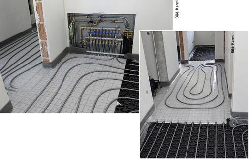 
Als Verteiler-Aufstellort wurde ein an den Flur angrenzender Raum gewählt (o.). Die durchlaufenden Zuleitungen zu allen anderen Räumen sind über x-net connect geführt – der Heizkreis des Raumes überdeckt diese. Im Flur (r.) ist ein separat regelbarer Heizkreis ausgeführt.
