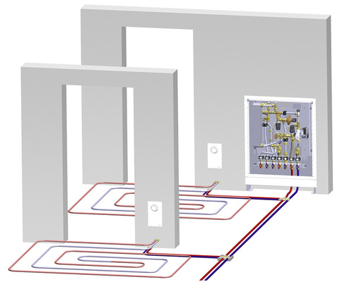 
Prinzipdarstellung des verteilerlosen Unidis-Systems von Oventrop: hier mit zentraler Wohnungsstation Regudis und einer Unibox E BV in jedem Raum.



