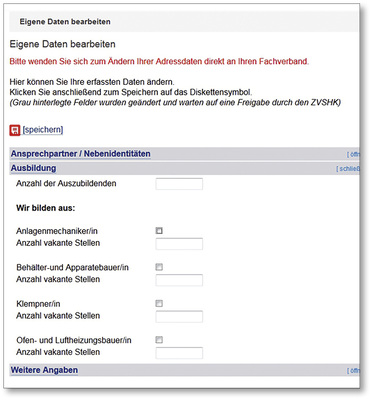 
Offene Ausbildungsstellen lassen sich für jeden SHK-Lehrberuf angeben. Für die Nachwuchswerbung soll diese Meldemöglichkeit noch ausgebaut werden.



