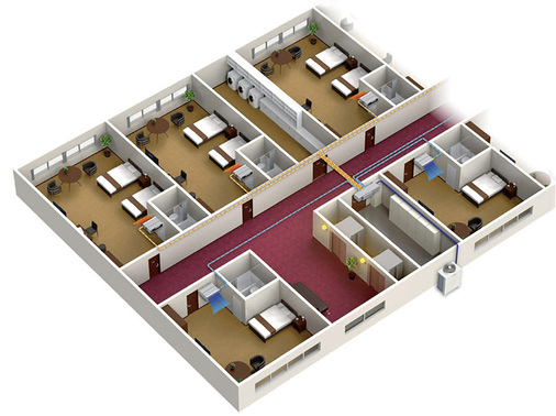 
Die bedarfsgerechte Verschiebung vorhandener Wärmeenergie im Gebäude trägt erheblich zur Senkung des Energieverbrauchs bei. Die hier dargestellte R2-Technologie kommt mit nur zwei Rohrleitungen zum simultanen Heizen und Kühlen aus.



