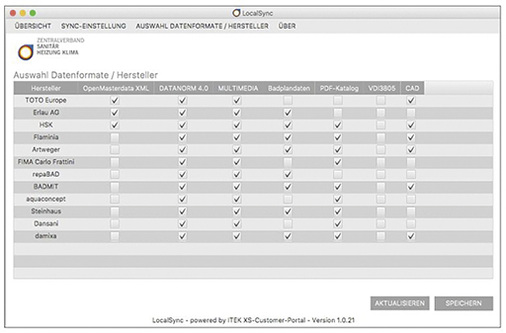 
Herstellerauswahl: Der Nutzer kann festlegen, von welchem Hersteller z. B. Badplandaten oder Bilddaten zur Verfügung stehen sollen.



