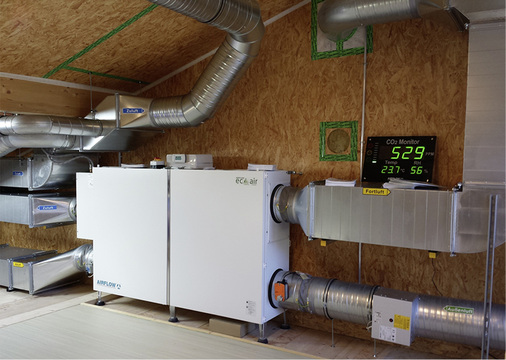 <p>
Ein gut gedämmtes Haus lässt Wärme im Inneren, verhindert aber gleichzeitig einen ausreichenden Luftaustausch. Deshalb verbauten Profis im Technikhaus Energie+ ein Passivhaus-zertifiziertes Lüftungsgerät, das für einen siebenfachen Luftaustausch sorgt. Das zentrale Gerät versorgt insgesamt vier Räume individuell mit Frischluft. Eine Warnampel zeigt, ob die Luft noch frisch genug ist.
</p>

<p>
</p> - © Airflow Lufttechnik

