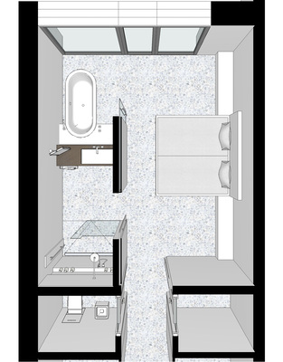 <p>
Bild rechts: Teilung des Schlauchraumes in Aktivbereich mit Waschtisch und Dusche und Ruhebereich mit Wanne.
</p>

<p>
</p> - © Nicola Stammer


