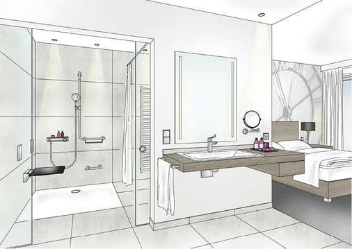 

Hier wurde der Waschtisch aus dem Badbereich in die Ankleidezone verlegt. Im Bad entsteht dadurch Raum für eine bodenebene Dusche, das WC kann mit dem Vorhang abgetrennt werden.





