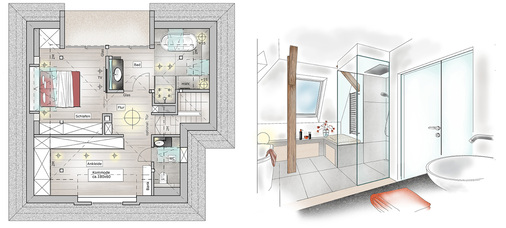 
Beispiel für ein Wohnobjekt, das in zwei große Zonen aufgeteilt wurde. Die Intimitätszone im Dachgeschoss umfasst Schlafen, Baden und Ankleiden. Im Erdgeschoss finden sich Kochen, Essen, Wohnen und Gäste in einer Zone. 



