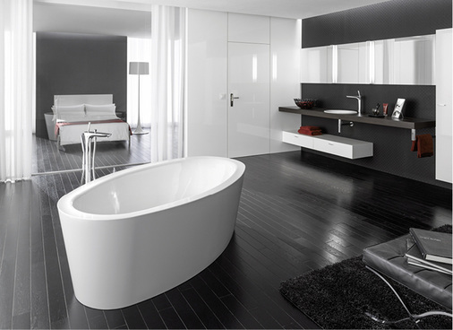 
Offen für neue Wohnformen: Schlafen, Baden, Ankleiden können beispielsweise zu einer Intimitätszone zusammengefasst werden. Vorhänge oder Trennwände sorgen für die nötige Intimität. 



