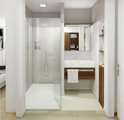 
Auch urbane Singlewohnungen lassen sich gut in Zonen aufteilen. In diesem Fall kann das Bad auch offen bleiben, wie hier im Münchner Friends Tower. 



