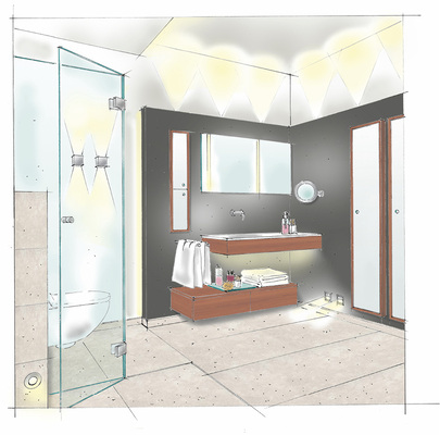 <p>
Eine gute Beleuchtung ist elementar im Bad: Das heißt beispielsweise blendfreie, seitliche Beleuchtung am Spiegel und Beleuchtung der raumumfassenden Wände statt des Fußbodens.
</p>

<p>
</p> - © ho.w Hofmann + Wadsack / Zierath GmbH

