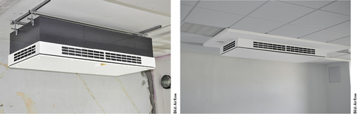 
Lüftungsgerät Duplex Vent 800 zur Deckenmontage im Rohbau eines Klassenzimmers. Zwei Drittel des teilintegrierten Gerätes verschwinden später in der Zwischendecke. Diese Montageart bringt zusätzliche Platzersparnis.
