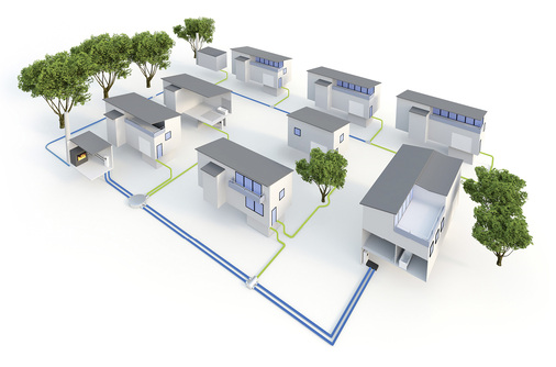 <p>
</p>

<p>
Nahwärmenetze sind in der Regel strahlenförmig aufgebaut, wobei einzelne Gebäudegruppen jeweils über einen Hauptstrang (blau) versorgt werden.
</p> - © Uponor

