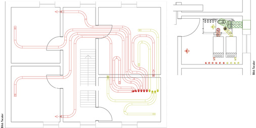 
Durch die genaue Planung des Verteilsystems (Bild links) lässt sich eine optimale Strömung von Zu- und Abluft erzielen, sodass in den Räumen kontinuierlich eine hohe Luftqualität mit entsprechender Sauerstoffkonzentration besteht. Das zugehörige zentrale Lüftungsgerät im Stockwerk darunter (Bild oben) saugt frische Luft an und führt die verbrauchte Raumluft ab.
