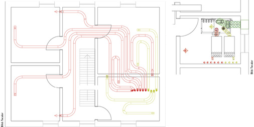 <p>
Durch die genaue Planung des Verteilsystems (Bild links) lässt sich eine optimale Strömung von Zu- und Abluft erzielen, sodass in den Räumen kontinuierlich eine hohe Luftqualität mit entsprechender Sauerstoffkonzentration besteht. Das zugehörige zentrale Lüftungsgerät im Stockwerk darunter (Bild oben) saugt frische Luft an und führt die verbrauchte Raumluft ab.
</p>