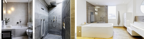 
Die Ausstellung zeigt unter anderem die Badkonzepte: modern small (links), modern cube (Mitte) und modern soft (rechts).
