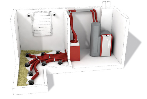 
Für eine Holzheizung gibt es mehrere Lagervarianten. Hier ein gemauerter Raum mit einem Acht-Sonden-Saugsystem.



