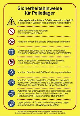 <p>
Aufkleber mit den neuen ISO-20023-konformen Sicherheitshinweisen für Pelletlager sind bereits kostenlos im Onlineshop des Deutschen Pelletinstituts erhältlich.
</p>

<p>
</p> - © Deutsches Pelletinstitut

