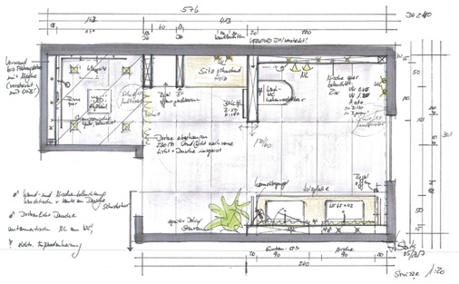 
Der Plan des Architekten wurde von der Badexpertin hinsichtlich Kundenwunsch und angepasster DIN 18 040 überarbeitet.



