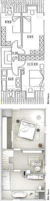 <p>
Vorher (oben) und nachher: Das einstige Elternschlafzimmer und das Bad wurden zu einem Raum zusammengefasst. 
</p>