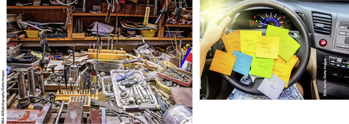 
Zwei üble Zeitfresser sind unaufgeräumte Werkstätten und Informationsüberflutung ohne systematische Sortierung und Bearbeitung.
