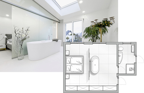 
Planungsbeispiel 1: Die Einbindung des ursprünglichen Kinderzimmers macht hier ein großes Bad möglich. Der Schlafbereich schließt sich unmittelbar an. Badplaner Matthias Wensler aus Neukirchen sagt: „Wichtig war, das Raumangebot in Zonen zu gliedern. Passende Markenprodukte unterstreichen die edle Raumwirkung.“



