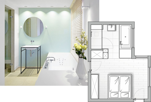 
Planungsbeispiel 2: Auf nur 6,5 m² wurde ein kompletter Wellnessbereich geschaffen – mit direkt angrenzendem Schlafraum. Badplanerin Claudia Altrichter von der Firma Elsässer in Steinenbronn sagt: „Wir haben den gesamten Grundriss neu gestaltet: Bad und Schlafzimmer wurden zur Küche. Aus der Küche wurde der neue Wellnessbereich.“



