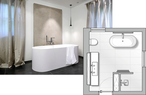 
Planungsbeispiel 3: Der quadratische Raum mit zwei Fenstern erlaubt es, Badobjekte so zu platzieren, dass große Bewegungsflächen entstehen. Die zweite Wandscheibe trennt die Dusche optisch ab und bildet den Hintergrund für Handtuchhalter und Hocker. Badplanerin Gisela Bukoll aus Dießen sagt: „Unsere Kunden wollten ein helles Bad mit viel Stauraum. Es sollte jederzeit zum Verweilen einladen.“



