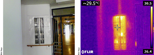 Die gemischte Schachtbelegung von warm- und kaltgehenden Leitungen führt dazu, dass sich das Trinkwasser kalt stark erwärmt. Hinzu kommen oft Wärmelasten in abgehängten Decken und gedämmten Vorwänden. Die thermografische Aufnahme macht dieses Problem sichtbar.
