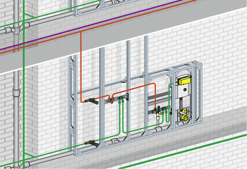 
Lösungskonzept, um den Wärmeübergang auf Trinkwasser kalt (PWC) zu reduzieren: Die PWC-Leitungen in Bodennähe verlegen und Trinkwasser warm von oben als Einzelzuleitung in Reihe zu den Entnahmestellen führen.



