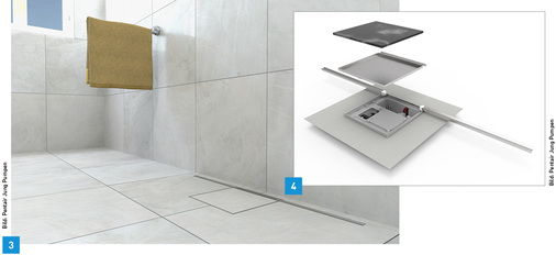 
Aufbau der neuen Plancofix Line: Die Wasserführungsrinnen leiten das Duschabwasser in das Pumpengehäuse. 
