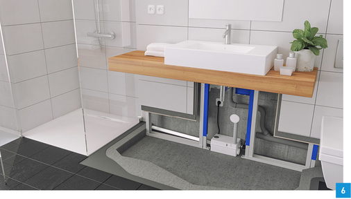 

Duschentwässerung in Verbindung mit der kleinen Hebeanlage Hebefix Mini, welche hier in eine Vorwand eingebaut wurde.





