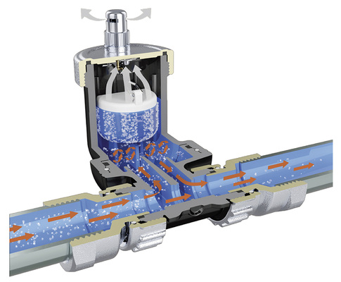 <p>
Mikrobläschen werden mithilfe der Physik abgeführt. Der Abscheider Discal Slim arbeitet hier mit dem Venturi-Effekt.
</p>

<p>
</p> - © Caleffi

