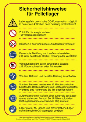 



Aufkleber mit den neuen ISO-20 023-konformen Sicherheitshinweisen für Pelletlager sind kostenlos beim Depi erhältlich.
