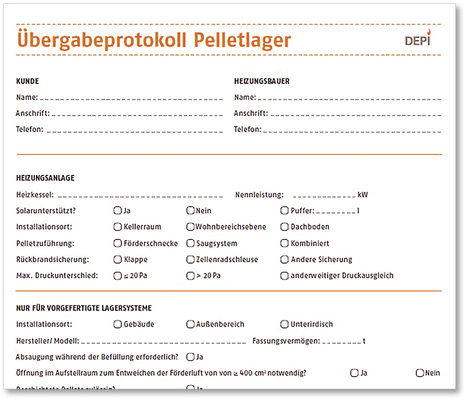 
Das Übergabeprotokoll wird nach Fertigstellung des Lagers ausgefüllt vom Heizungsbauer an den Kunden übergeben. Mit der Unterzeichnung bestätigen beide den technisch einwandfreien Zustand des Lagers.



