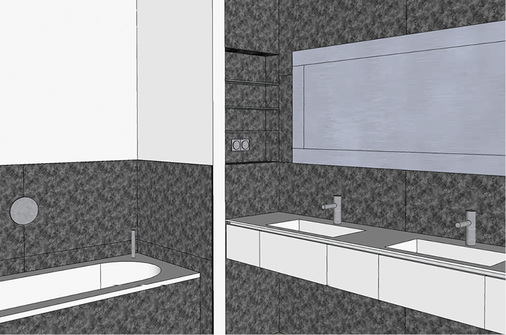 <p>
Das Bad ist geprägt vom starken Kontrast zwischen cremefarbenen Boden- und schwarzen Wandfliesen. Die weißen Sanitärobjekte heben sich klar vom dunklen Hintergrund ab.
</p>

<p>
</p> - © Hansen

