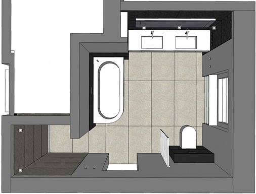 
Das Regal hinter dem Wandvorsprung in der Dusche besteht aus Corian. Die Fensterbank ist aus dem gleichen Material, ebenso wie die Deckplatte der Vorwand am WC. Den alten Waschtisch ersetzt eine Doppelwaschtischanlage – ebenfalls aus Corian – am gleichen Platz.



