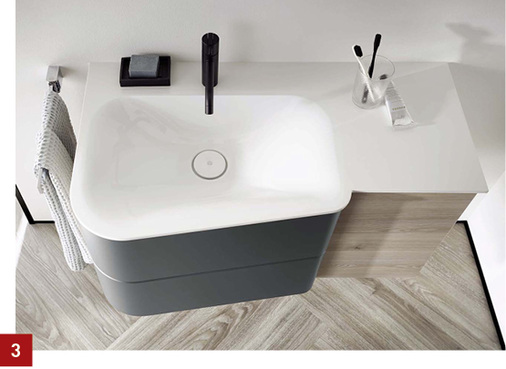 
3 Badu beinhaltet ein breites Typenspektrum an Waschtischunterschränken, Halbhoch- und Hochschränken, Spiegelschränken und Leuchtspiegeln. 



