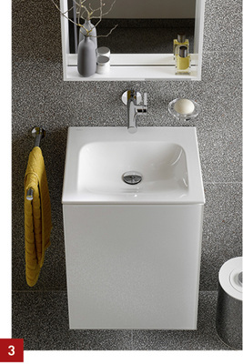 
3 Das kleinformatige Waschtischensemble X-Line besteht aus Keramik-Waschtisch, hochwertigem Waschtischunterbau und hohem LED-Lichtspiegel.



