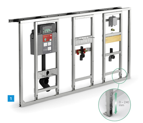 
1 Varivit-Vorwandsystem mit Höhenverstellung und rutschhemmenden Stellfüßen von Mepa.



