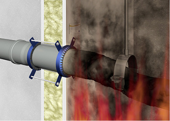 <p>
</p>

<p>
Im Brandfall wird das Rohr durch die Hitzeeinwirkung weich. Parallel beginnt die Manschette damit, aufzuquellen.
</p> - © Doyma

