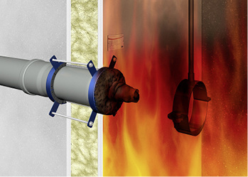 



Dadurch dass das intumeszierende Material nicht nach außen entweichen kann, drückt es das Rohr im Brandraum ab.

