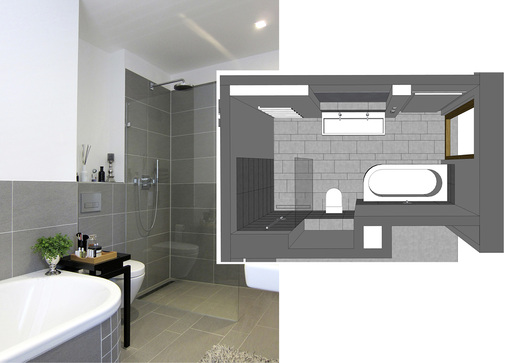 
Das Fitnessbad: Gegenüber dem Komfortbad sind hier Dusche und WC vertauscht. So konnte die bodenebene Dusche als offene Walk-in-Dusche ausgeführt werden. 



