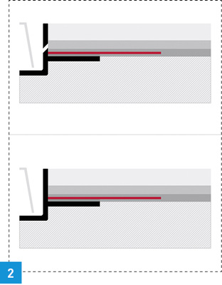 
Bodenaufbau für eine Duschrinne nach DIN 18 534: Oben eine Variante mit Sekundärentwässerungsöffnung, wie sie zunächst im Gelbdruck vorgeschlagen wurde. Unten dann der geschlossene Rinnenkörper, wie ihn die gültige Norm jetzt ausschließlich darstellt.



