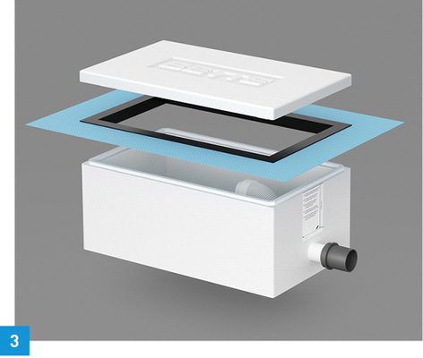 
3 Die Bette-Installationsbox wird in den Estrich eingelassen und mit einer mitgelieferten Dichtmanschette in die Verbundabdichtung integriert.



