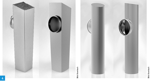 
4 Die Speier-Fallrohranschlüsse von Grumbach aus Titanzink für runde und eckige Attika-Abläufe.
