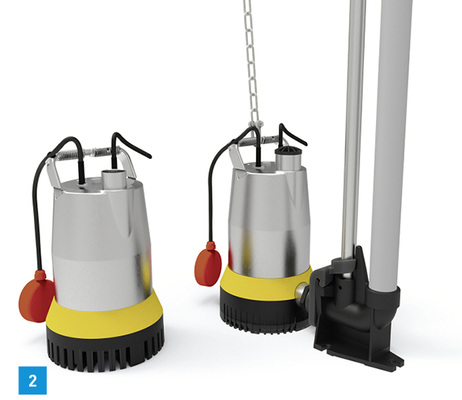 
2 MultiDrain-Pumpe UV 300 mit vertikalem Druckabgang; MultiDrain-Pumpe UV 600 mit horizontaler und vertikaler Druckrohranbindung von Pentair Jung Pumpen.



