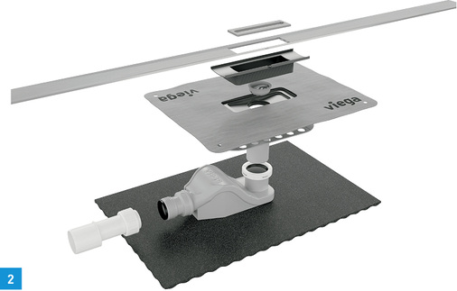
2 Die neue Viega-Duschrinne Advantix Cleviva mit möglichem Höhenausgleich und verlängerbarem Flansch.



