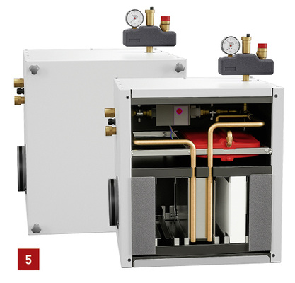 
5 Der Sole-/Luft-/Erdwärmeübertrager temperiert die Luft direkt im Gerät statt über ein Rohrsystem im Boden.



