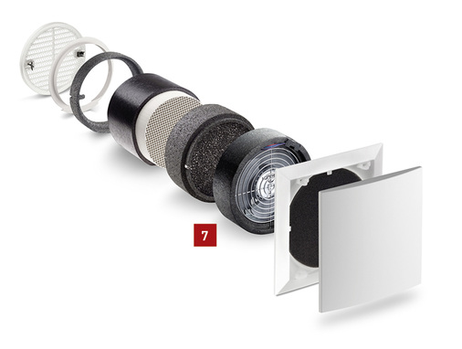 
7 Der Lüfter e²60 sorgt selbst bei hohen Gegendrücken für einen konstanten Volumenstrom.



